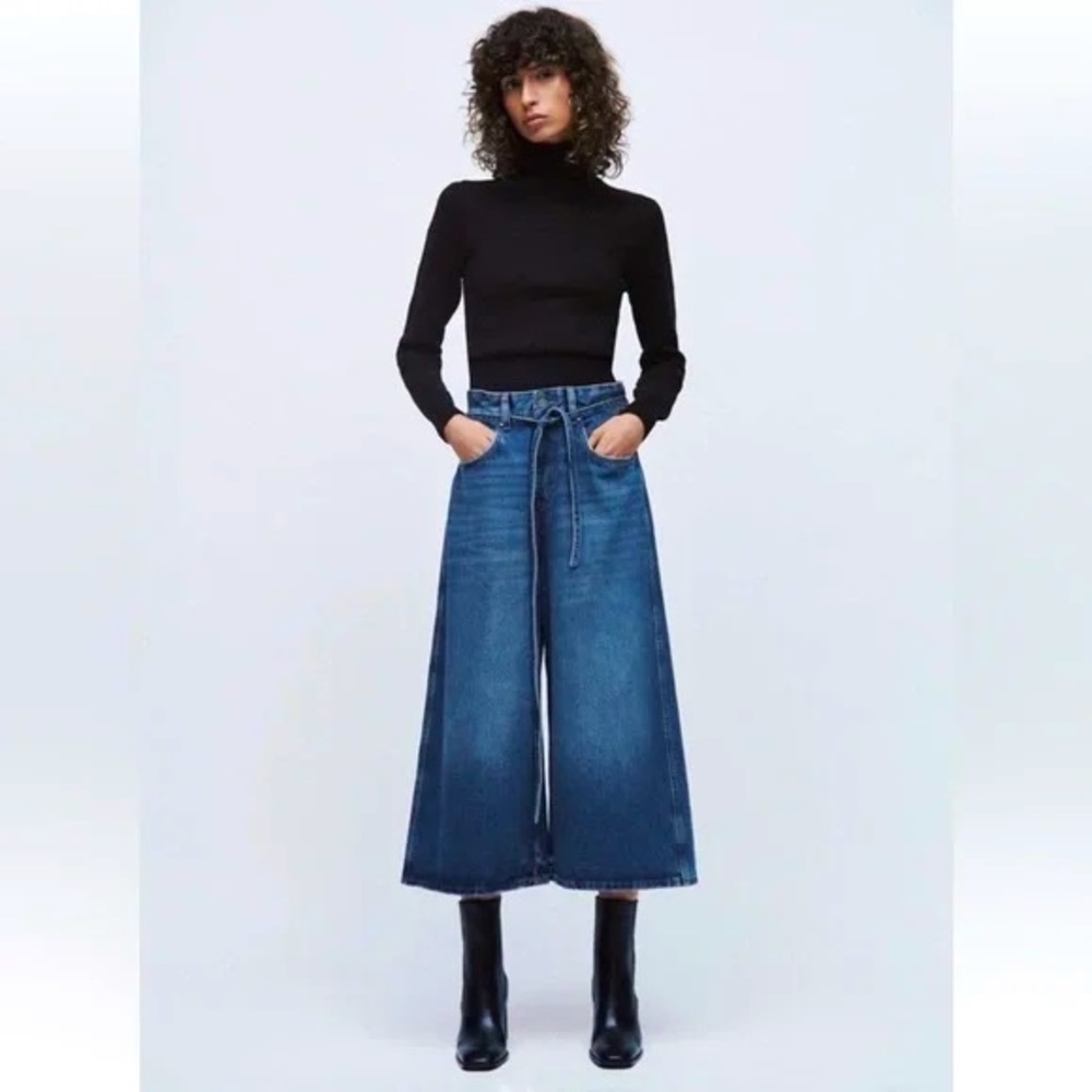 Zara Mid-Waist Tie Belt Culotte Jeans